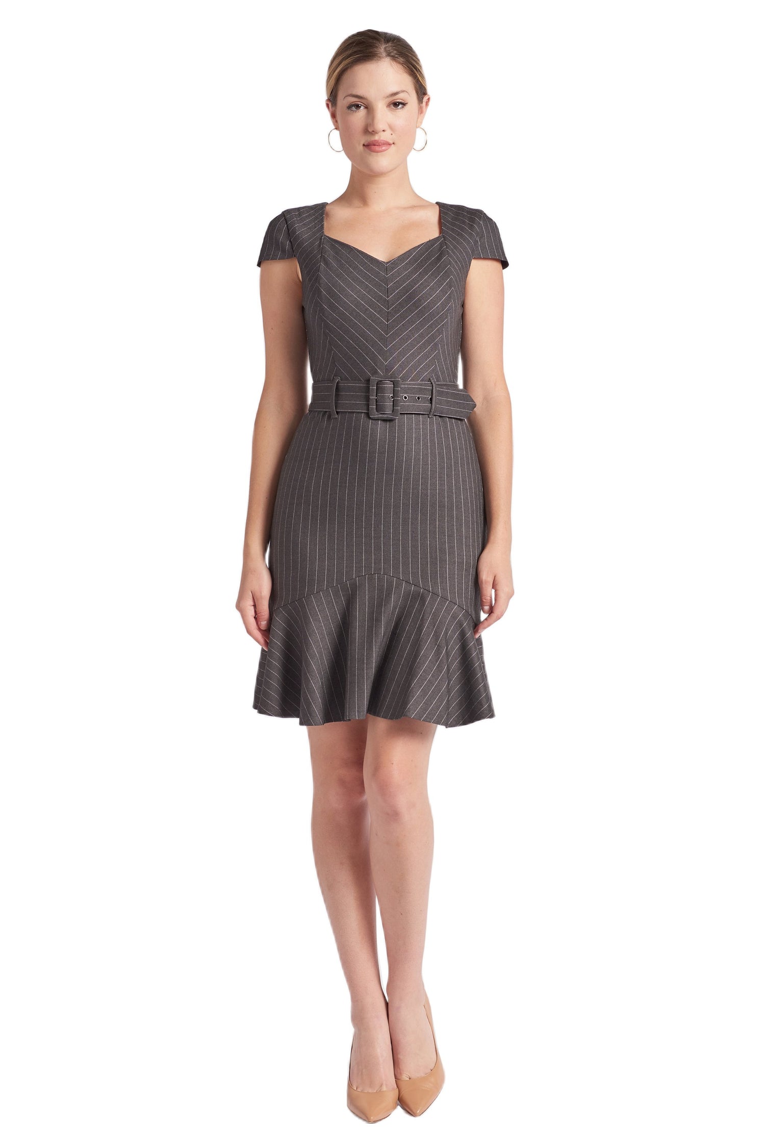 Peach Dionysus Chelsea Pinstripe Dress with V-neck, cap sleeves, and ruffle hem, front view of the stylish work dress.