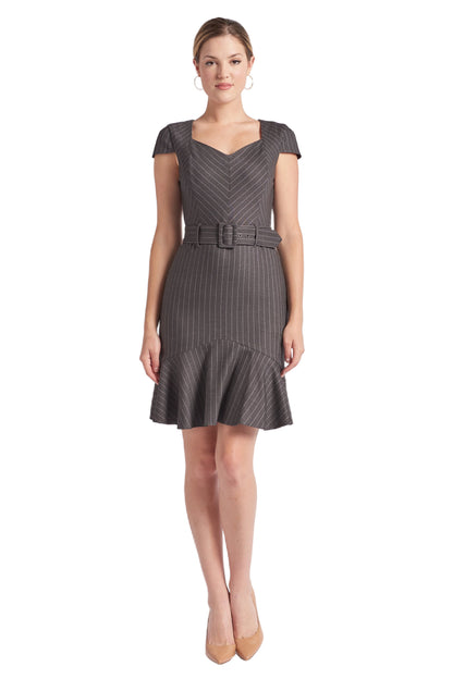 Peach Dionysus Chelsea Pinstripe Dress with V-neck, cap sleeves, and ruffle hem, front view of the stylish work dress.