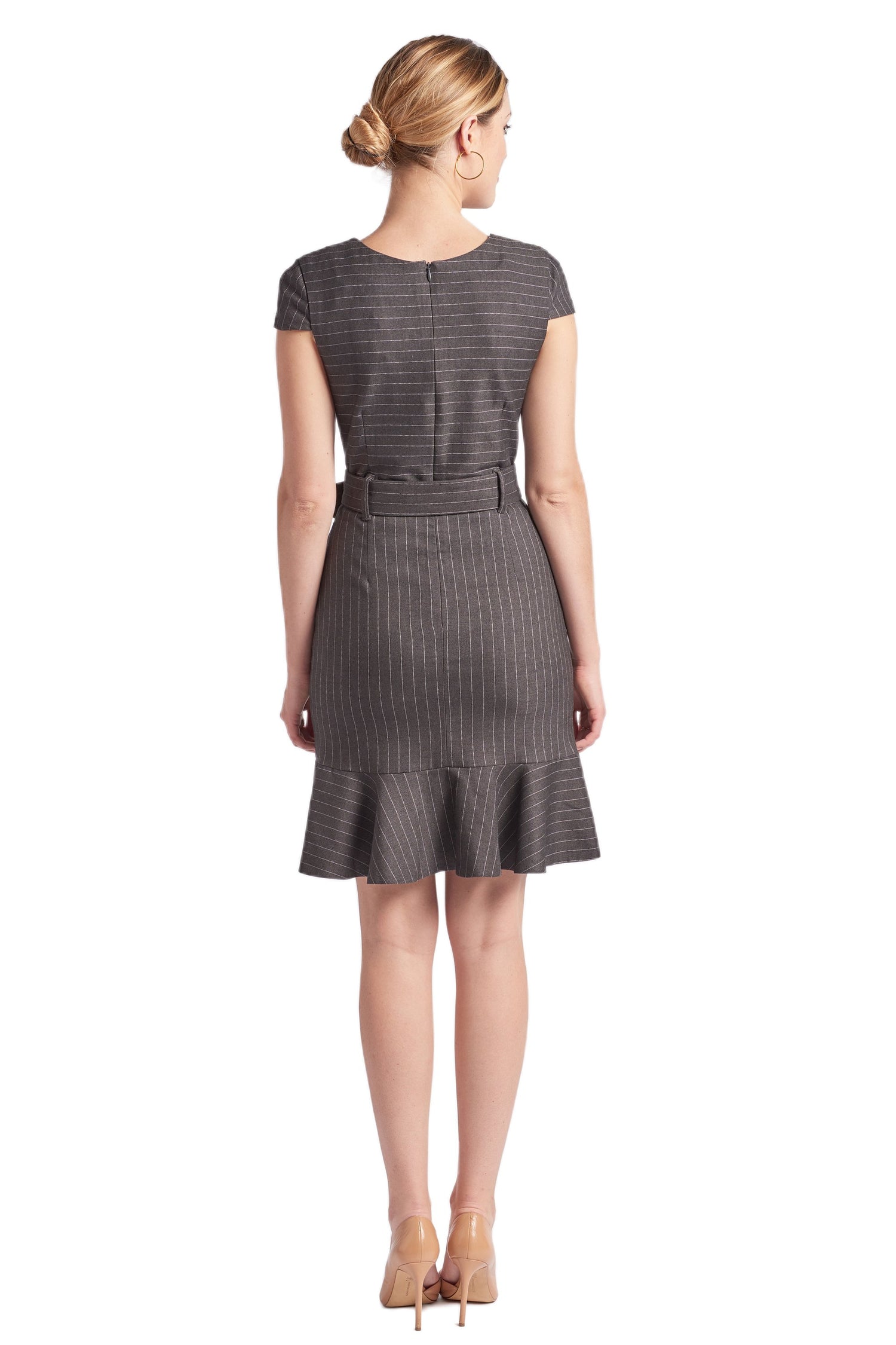 Peach Dionysus Chelsea Pinstripe Dress with V-neck, cap sleeves, and ruffle hem, suitable for work or casual wear.