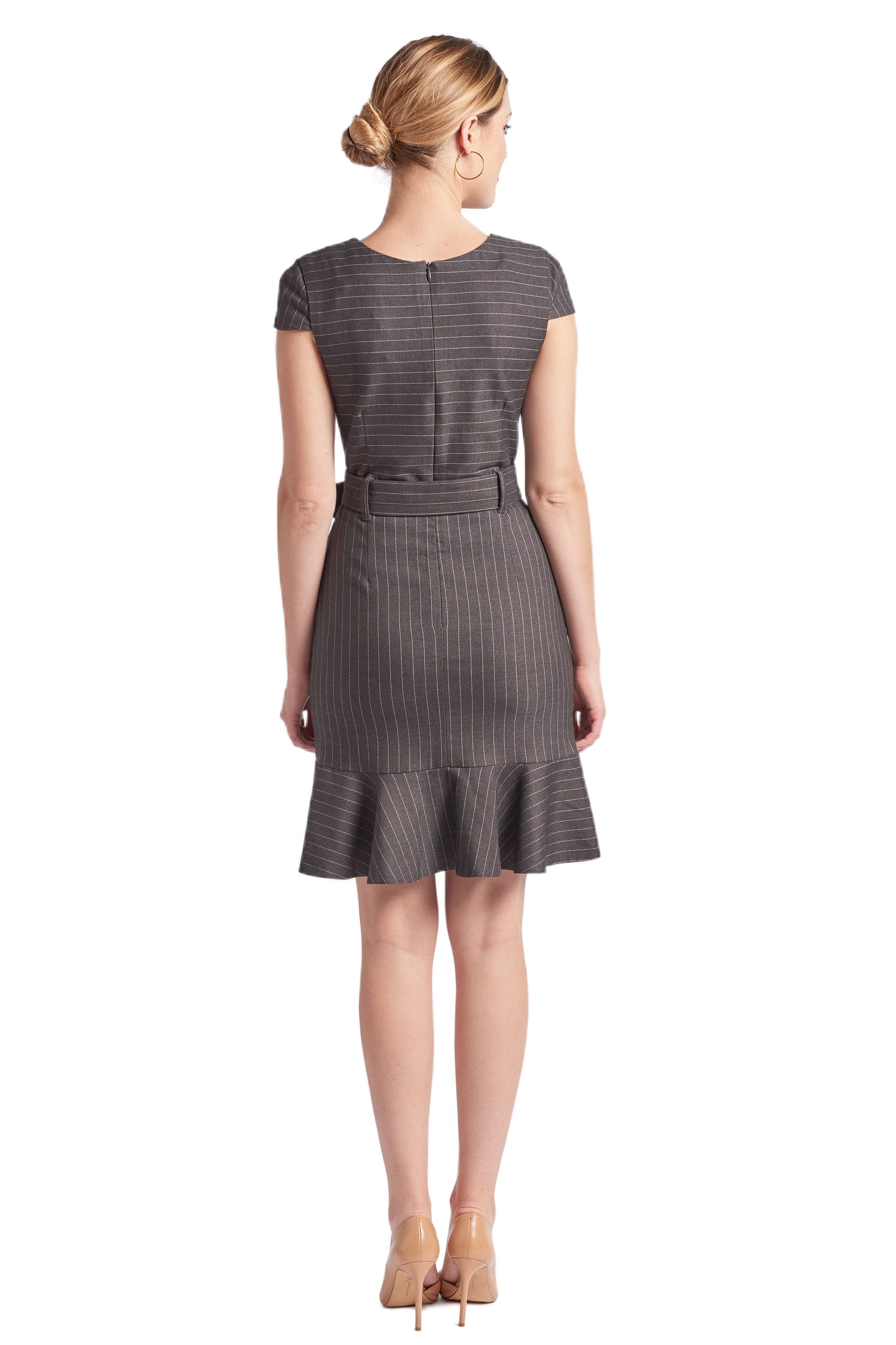 Peach Dionysus Chelsea Pinstripe Dress with V-neck, cap sleeves, and ruffle hem, suitable for work or casual wear.