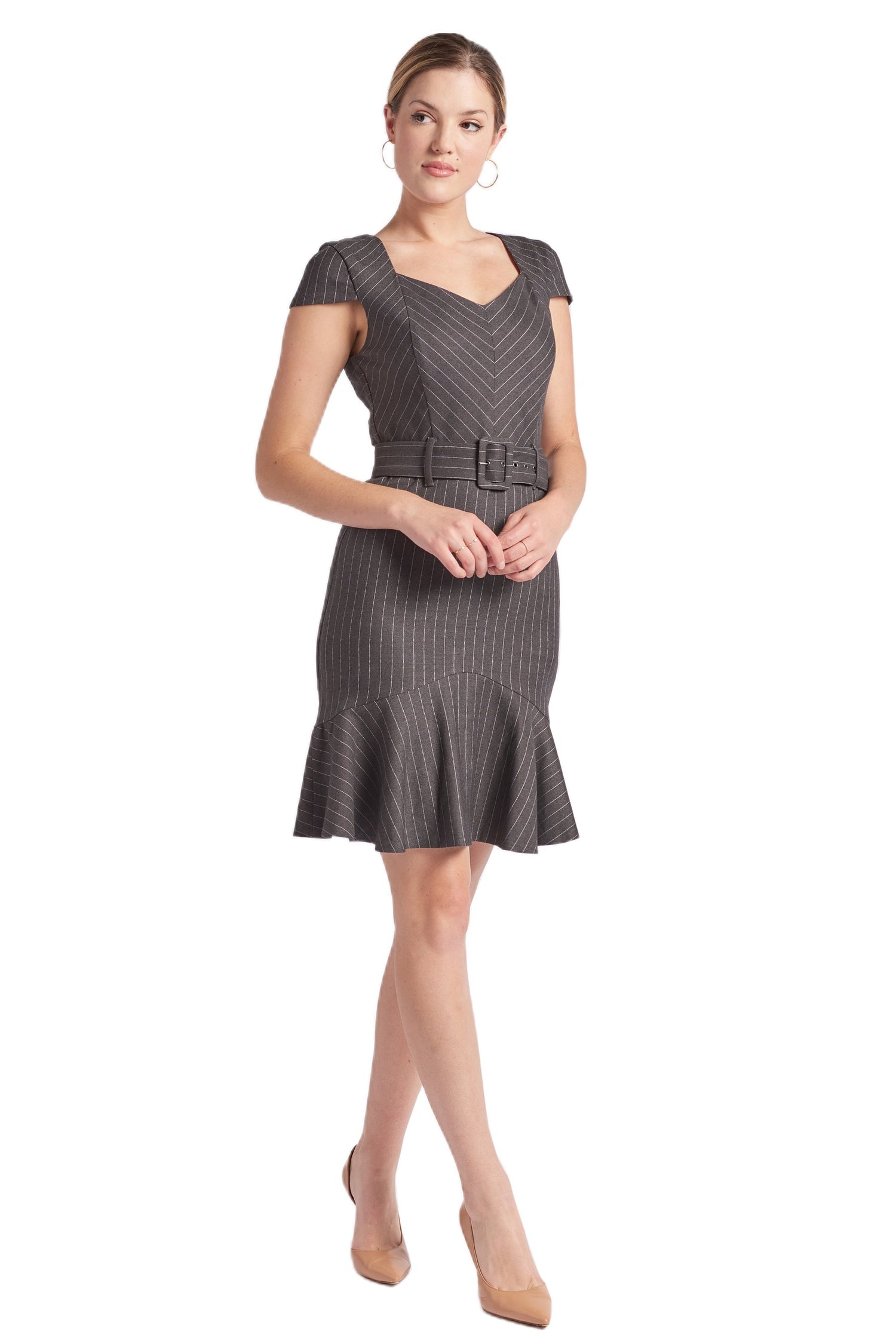 Peach Dionysus Chelsea pinstripe V-neck cap sleeve dress with ruffle hem, perfect for work or casual occasions.