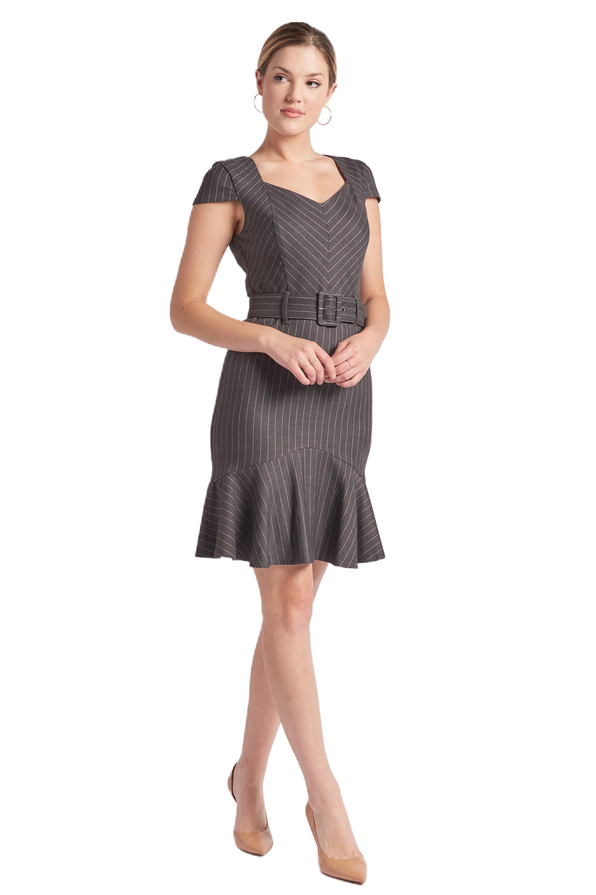 Peach Dionysus Chelsea pinstripe V-neck cap sleeve dress with ruffle hem, perfect for work or casual occasions.