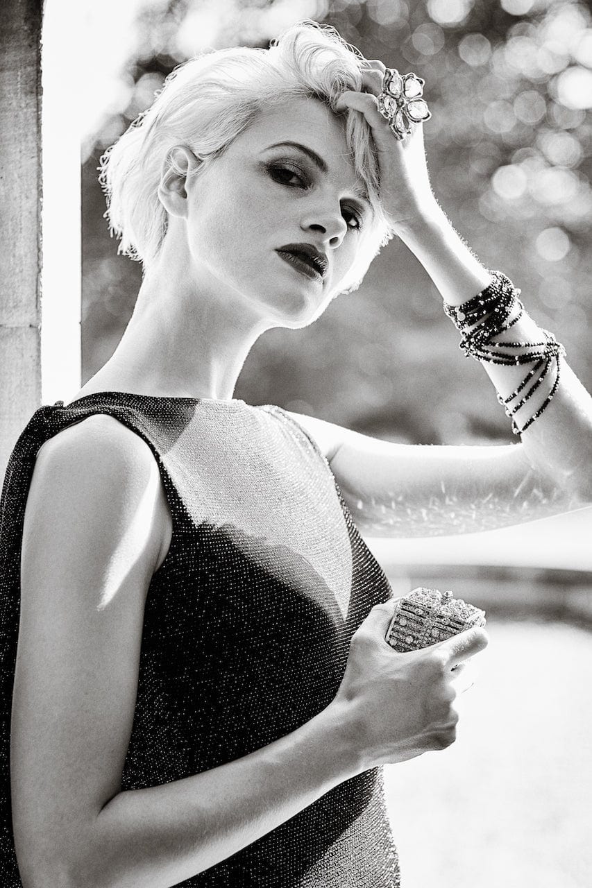 Black cowl back gown by Blush Athena featuring a flowing dress design, worn by Chloe, Jasmine, and Marilyn in the image.