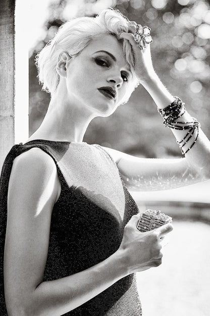 Black cowl back gown by Blush Athena featuring a flowing dress design, worn by Chloe, Jasmine, and Marilyn in the image.