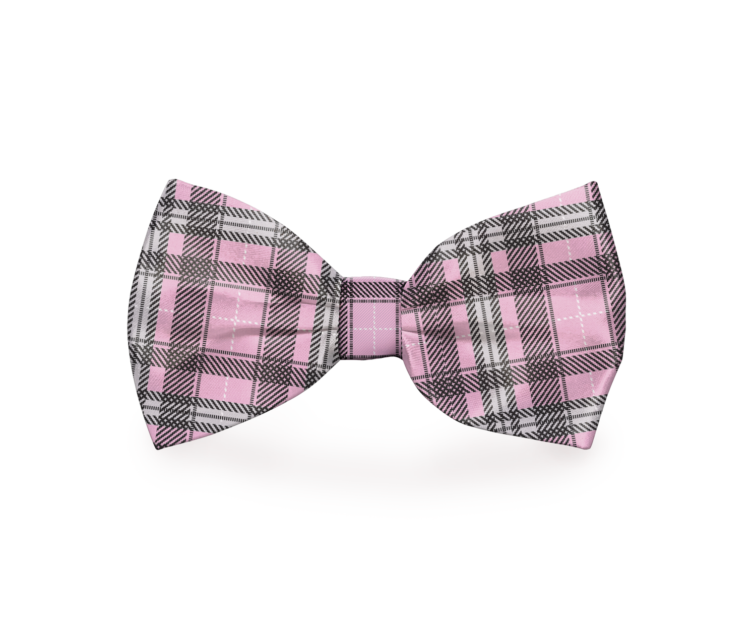 Pink plaid dog bow tie by Plum Semele, stylish petwear accessory for dogs, shown on a mockup with a classic pattern.