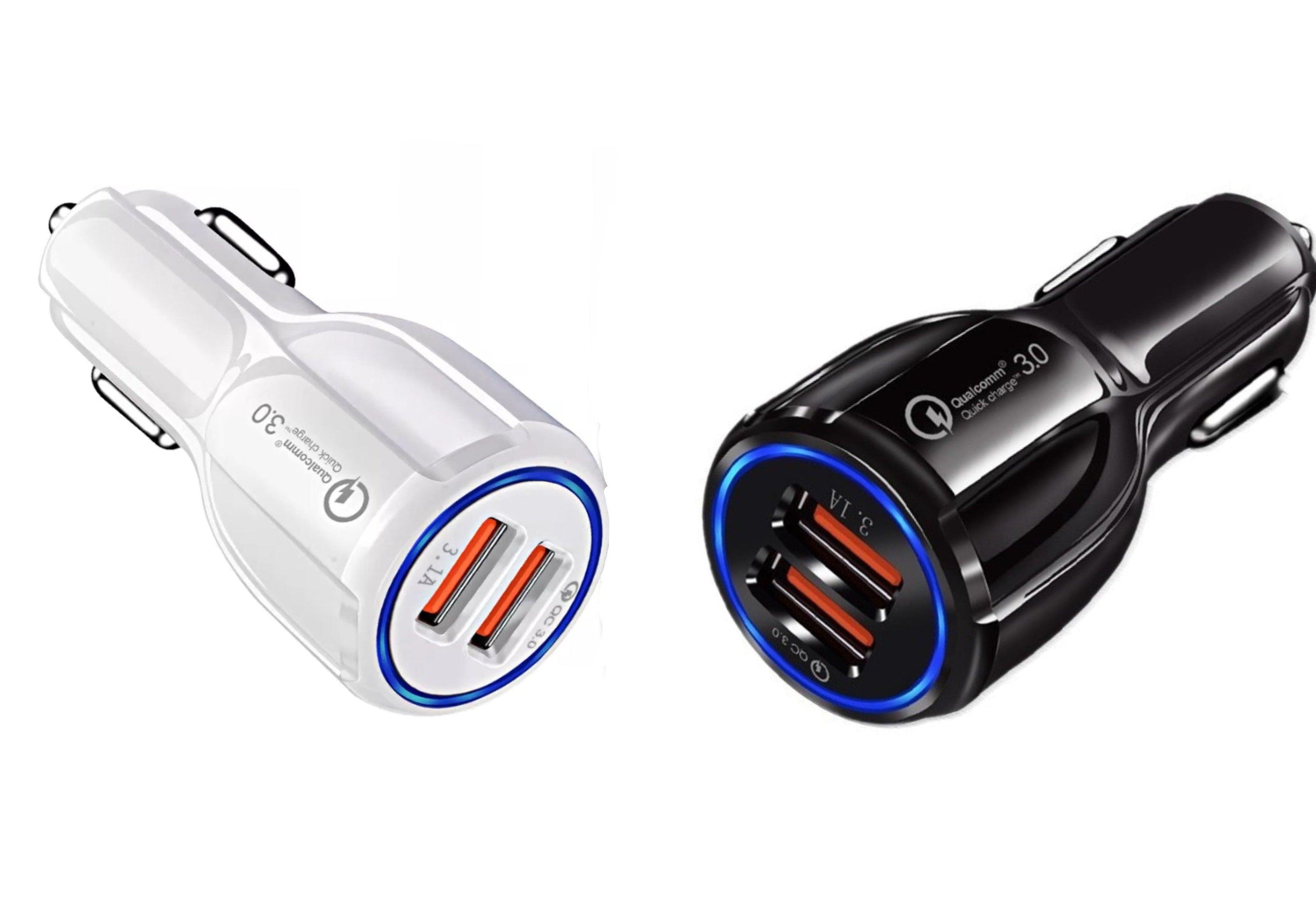 Fuchsia Electra 2-pack USB car chargers with 2 ports each, designed for fast charging mobile devices and laptops in cars.