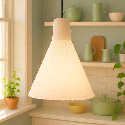 Azure Pontus Conea Light pendant lamp with a sleek, modern design featuring a white ceramic shade and gold accents.