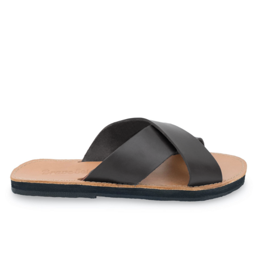 Maroon Perses Constanza black footwear side view showing sleek design and natural accents on the stylish shoe.