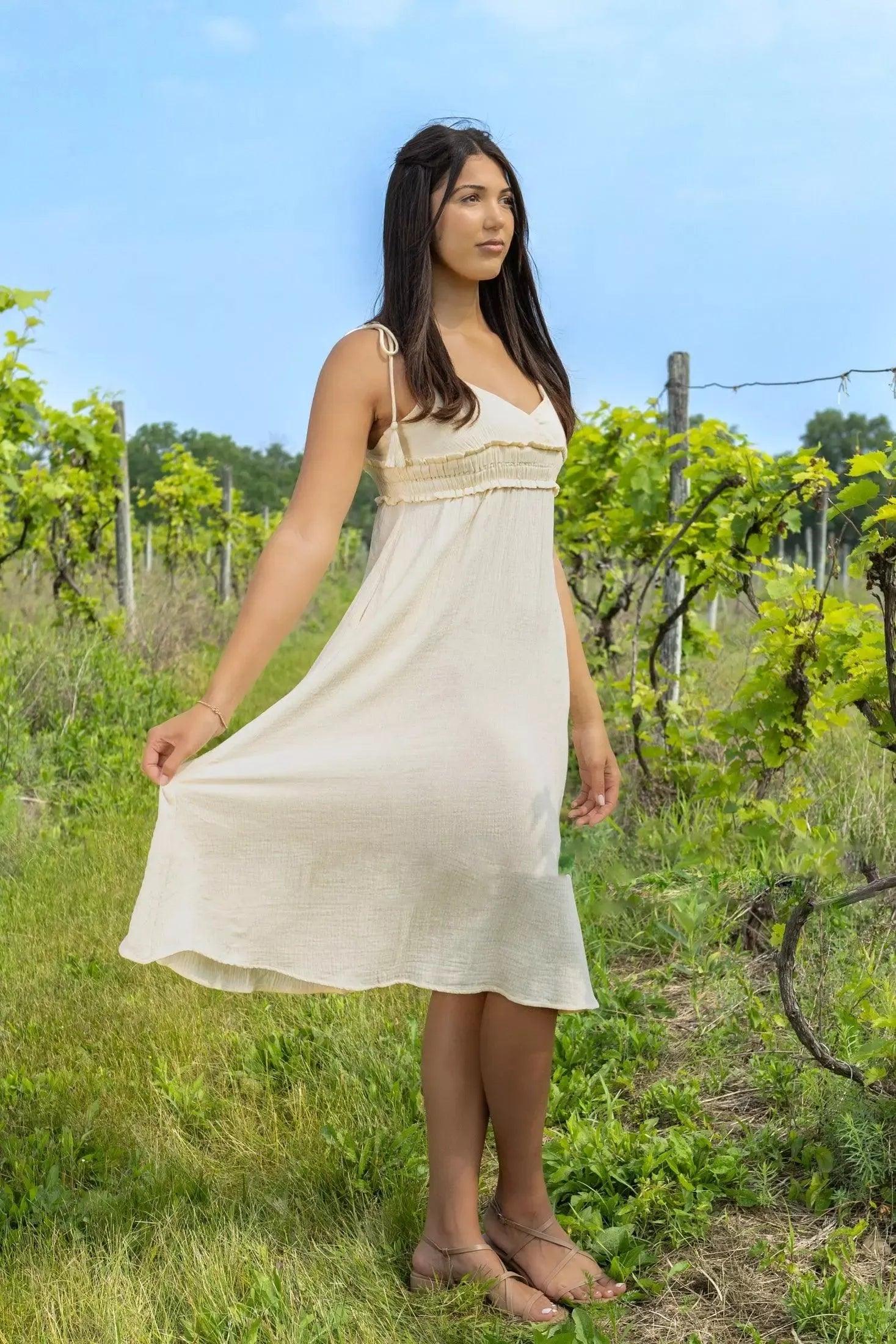 Cream pet dress by Burgundy Perses featuring a V-neck and spaghetti straps, designed for stylish and comfortable pet wear.