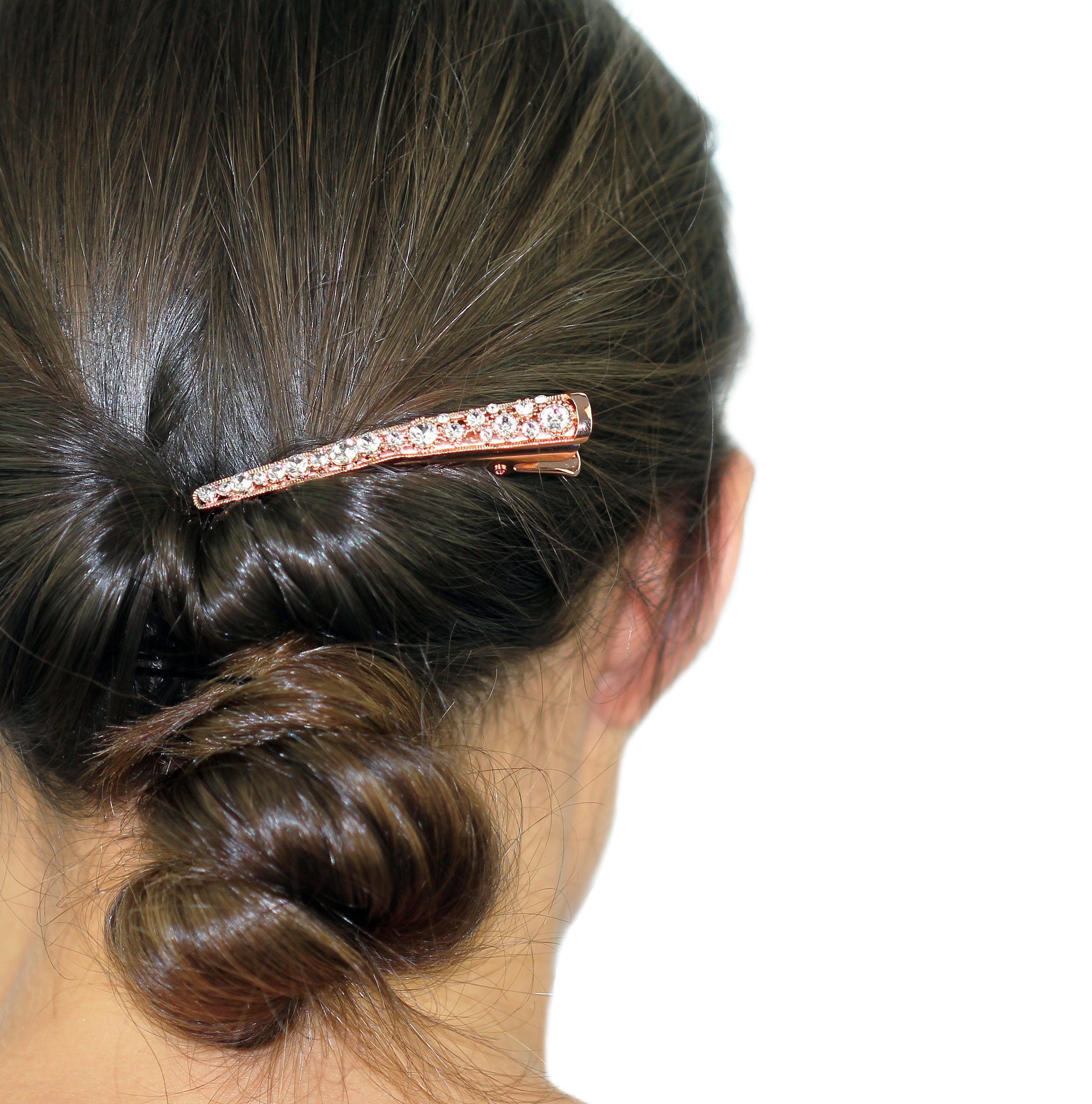 Cyan Ismene crystal hair clip worn on model&