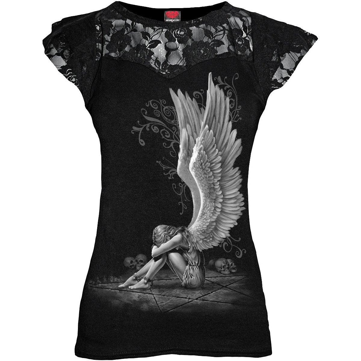 Black Jasper Enslaved Angel lace layered cap sleeve top in black, featuring intricate lace details and a stylish fit.