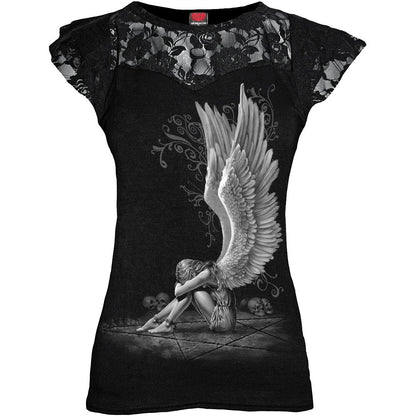 Black Jasper Enslaved Angel lace layered cap sleeve top in black, featuring intricate lace details and a stylish fit.