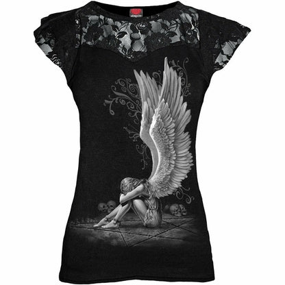 Black Jasper Enslaved Angel lace layered cap sleeve top in black, featuring delicate lace details and a stylish layered design.