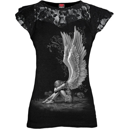 Black Jasper Enslaved Angel lace layered cap sleeve top in black, featuring delicate lace details and a fitted blouse style.