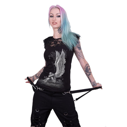Black Jasper Enslaved Angel lace layered cap sleeve top in black, featuring delicate lace details and a stylish, layered design.