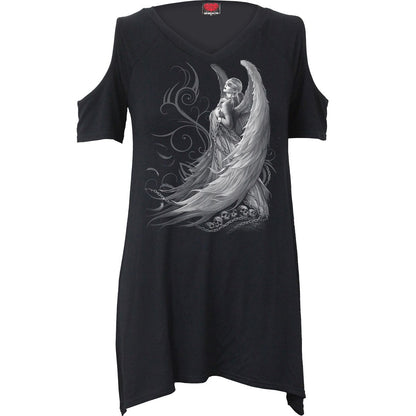 Black Jasper Cold Shoulder Goth Top from Captive Spirits, stylish black blouse with cut-out shoulders and long sleeves.