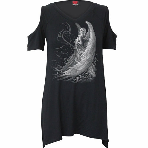 Black Jasper Captive Spirits cold shoulder goth top with long sleeves and cut-out shoulders, stylish and perfect for edgy fashion.