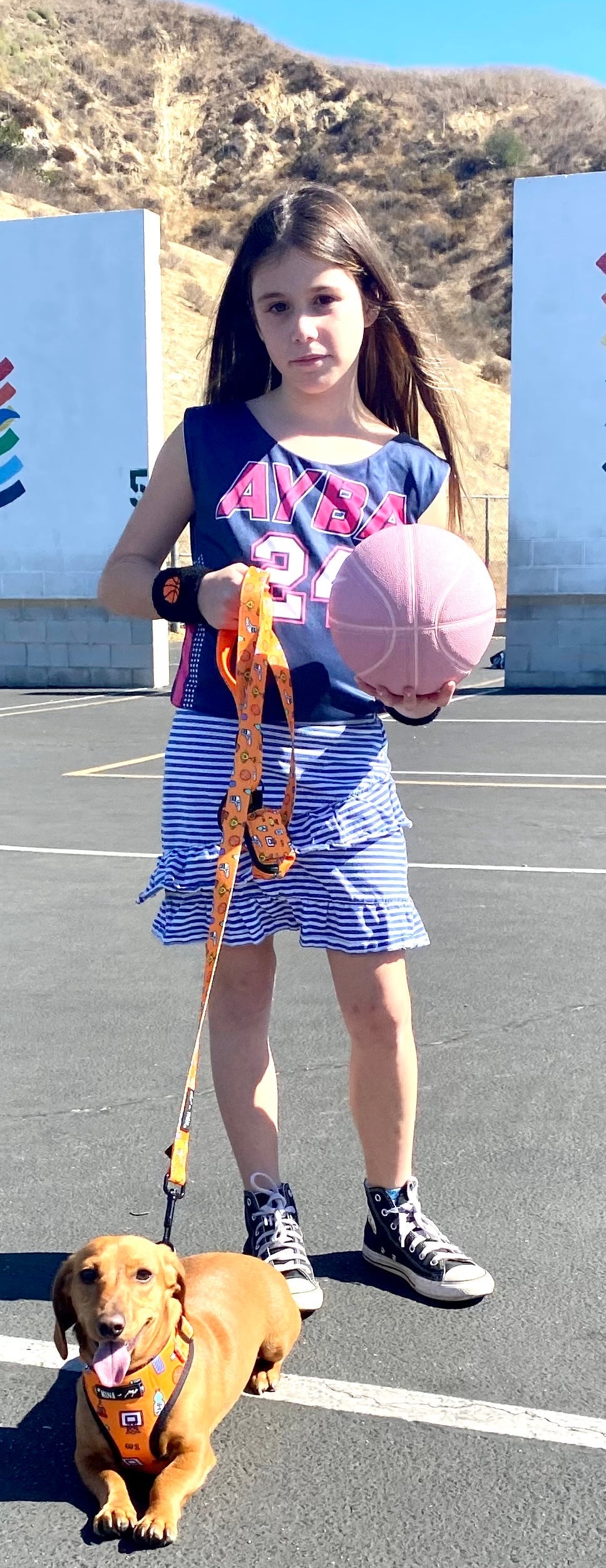 Carmine Phanes Got Game? basketball-themed poop bag holder attached to a leash, designed for pet convenience and style.
