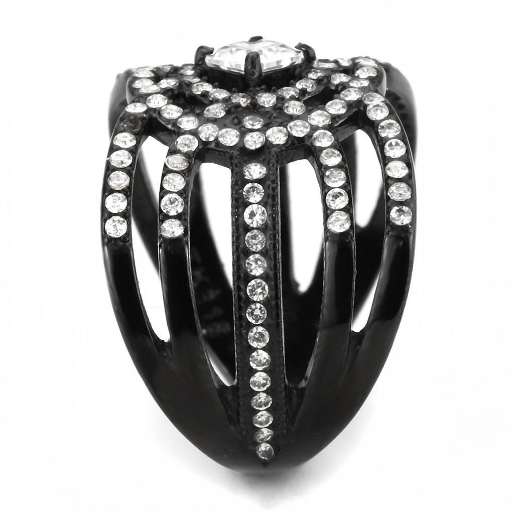 Black ion-plated stainless steel ring with AAA grade cubic zirconia, featuring a sleek design from Turquoise Tiger jewelry collection.