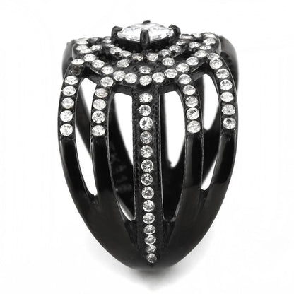 Black ion-plated stainless steel ring with AAA grade cubic zirconia, featuring a sleek design from Turquoise Tiger jewelry collection.