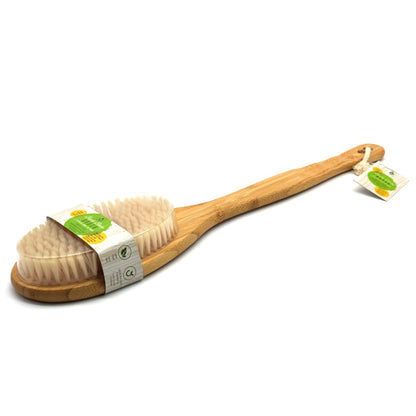 Blush Apollo bath body brush with long bamboo handle for exfoliating and cleansing skin during bath or shower.
