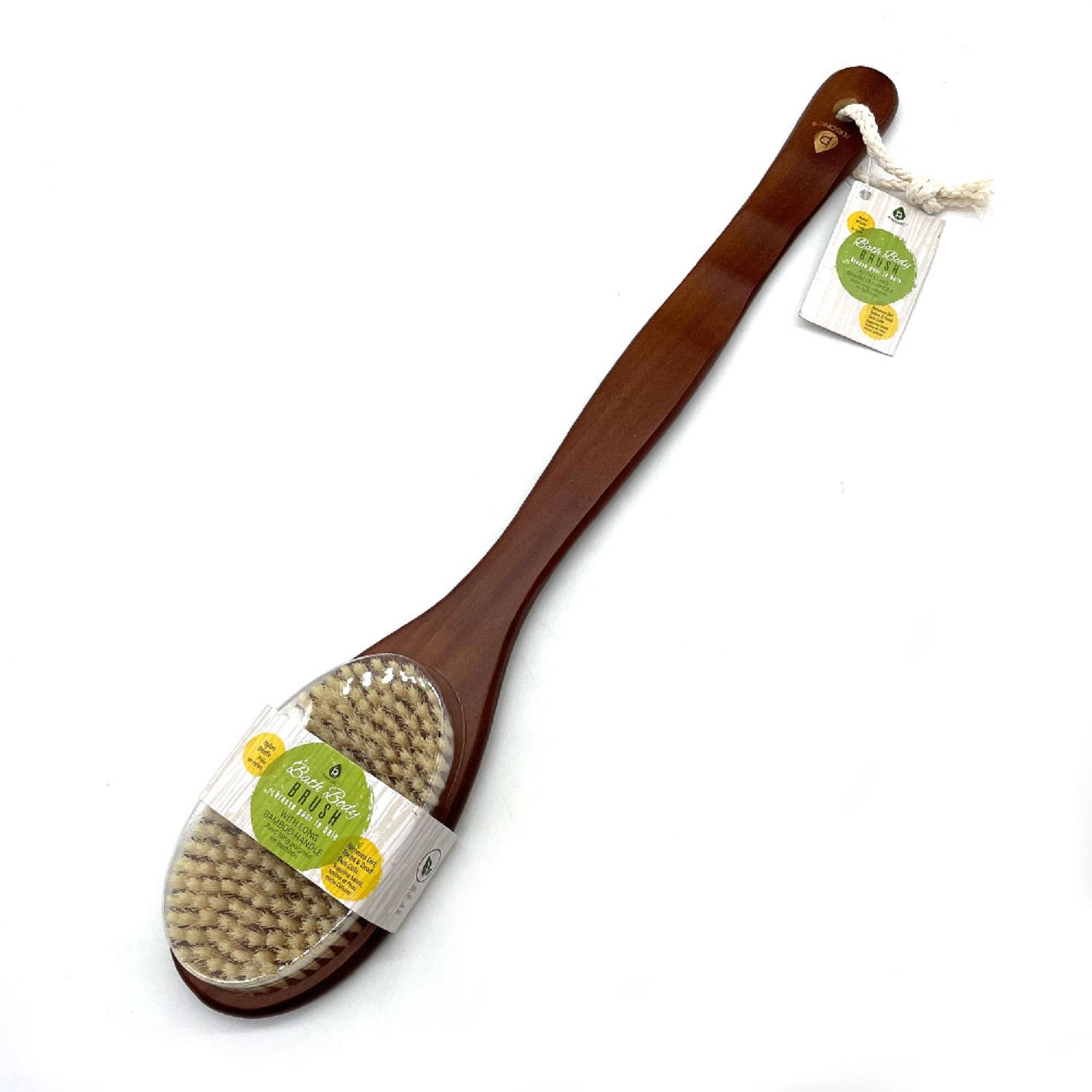Blush Apollo bath body brush with long bamboo handle for exfoliating and cleansing skin in healthcare routine.