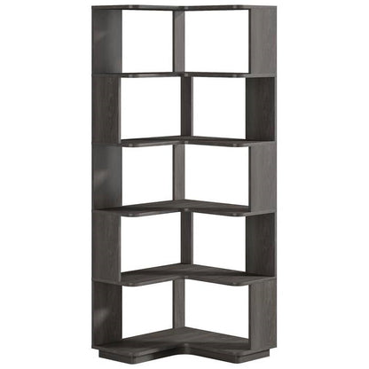 Multifunctional 6 Shelf Corner L-Shaped Bookcase in Dark Grey Wood Finish