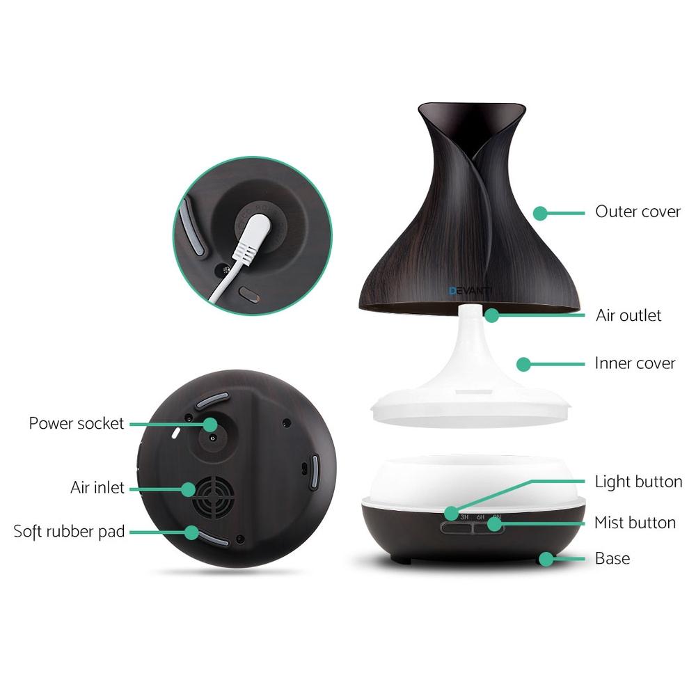 Devanti aroma diffuser with dark wood finish, 400ml capacity, designed for aromatherapy and home relaxation.