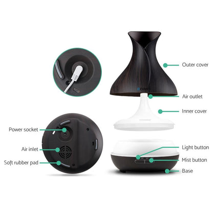 Devanti aroma diffuser with dark wood finish, 400ml capacity, designed for aromatherapy and home relaxation.