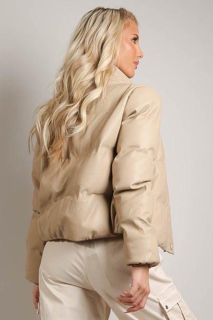 Beige Rose Eleusis PU boxy puffer jacket with a cropped, quilted design and stand collar, styled for a casual look.