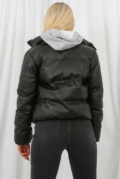 Black Rose Eleusis PU Boxy Puffer Jacket, stylish and warm, with a quilted design and oversized fit, ideal for cold weather.