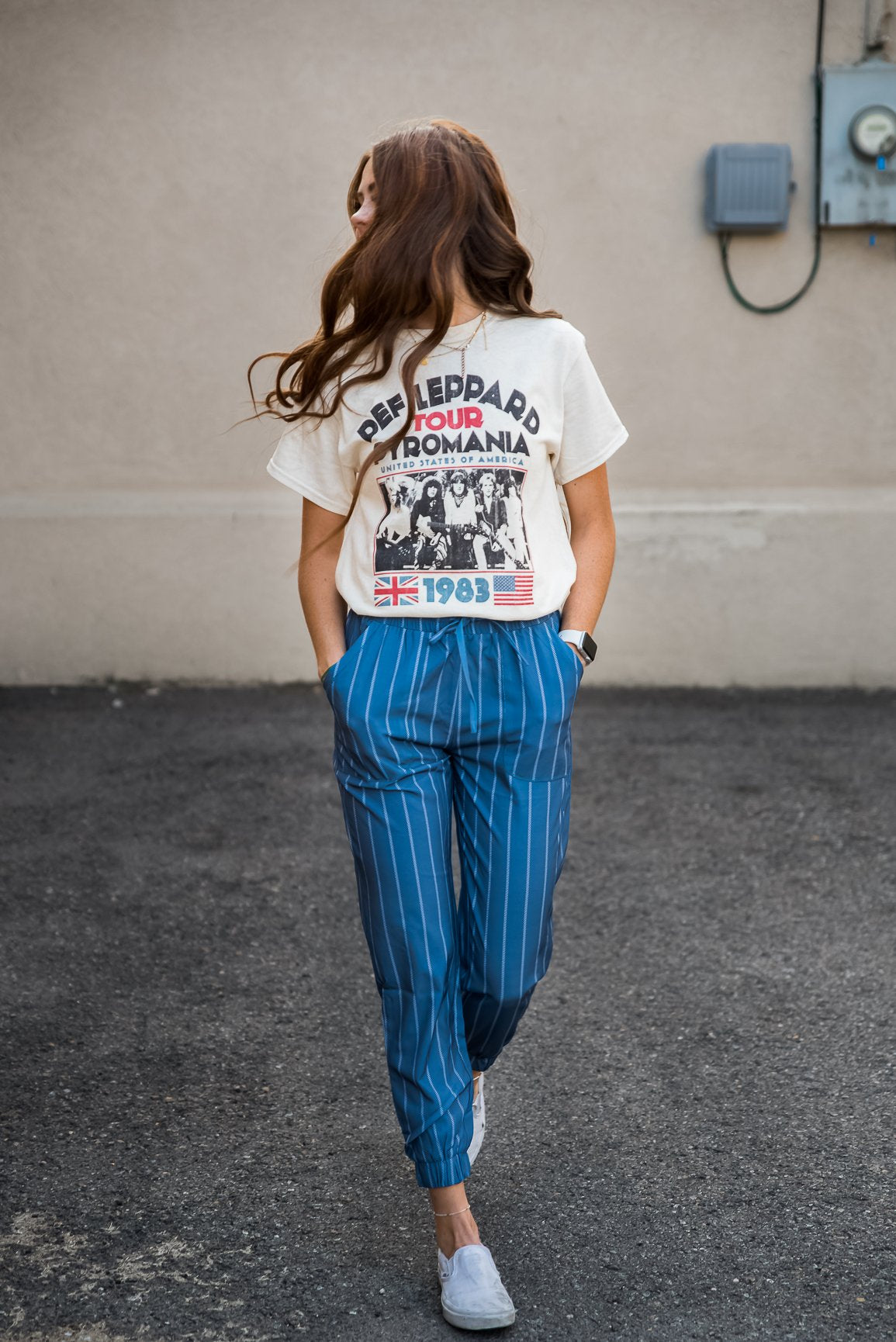 Lavender Danae DT UPTOWN lightweight joggers in Steel Blue Stripe, women’s clothing with relaxed fit and side pockets.