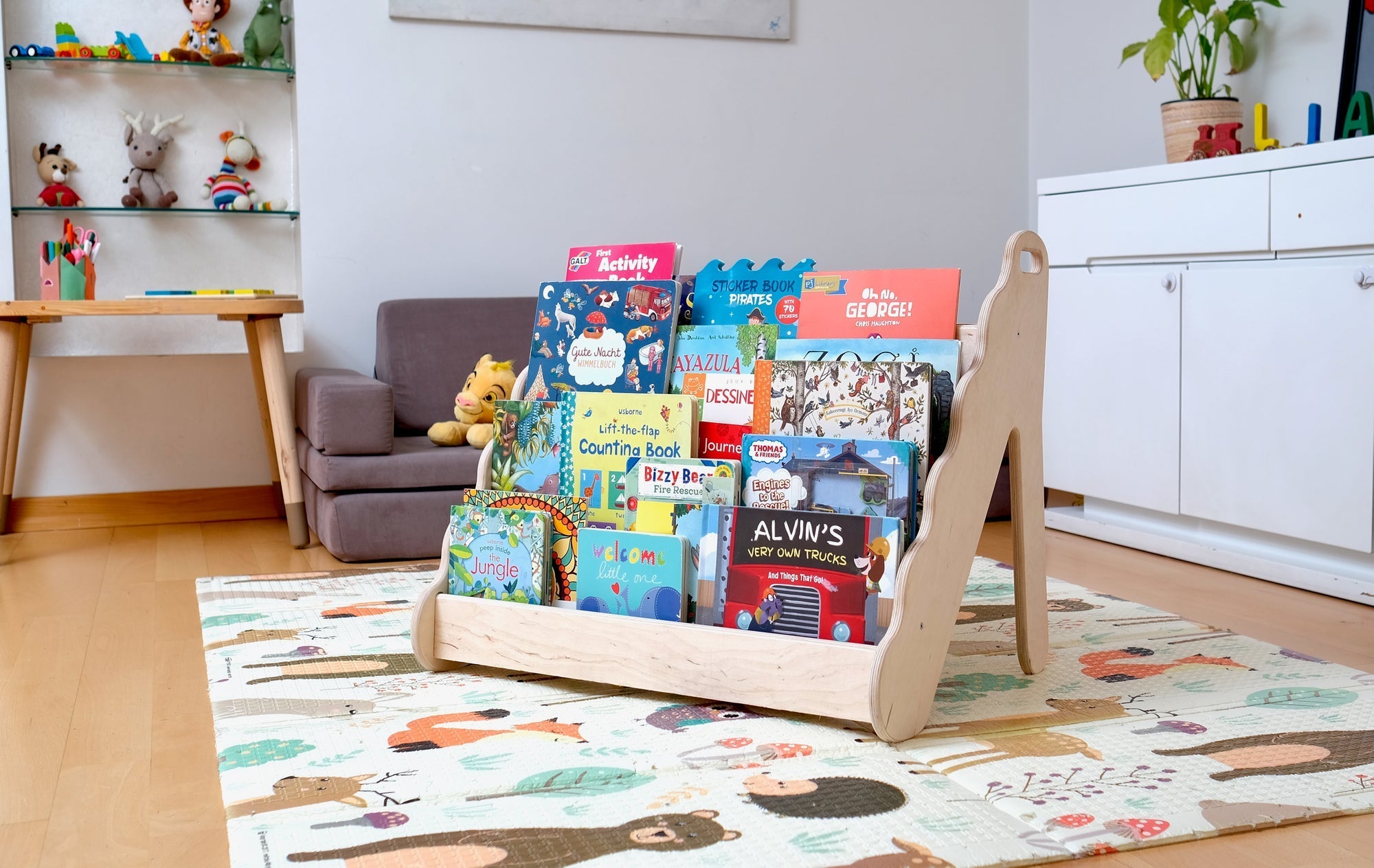 Red Oceanus wooden bookshelf in small, medium, and large sizes, showcasing a modern furniture piece with multiple shelves.