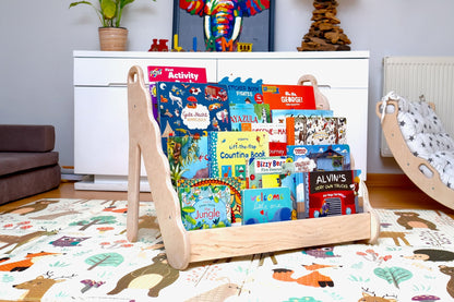 Red Oceanus wooden bookshelf in small, medium, or large size, showing a modern furniture piece with multiple shelves for storage.
