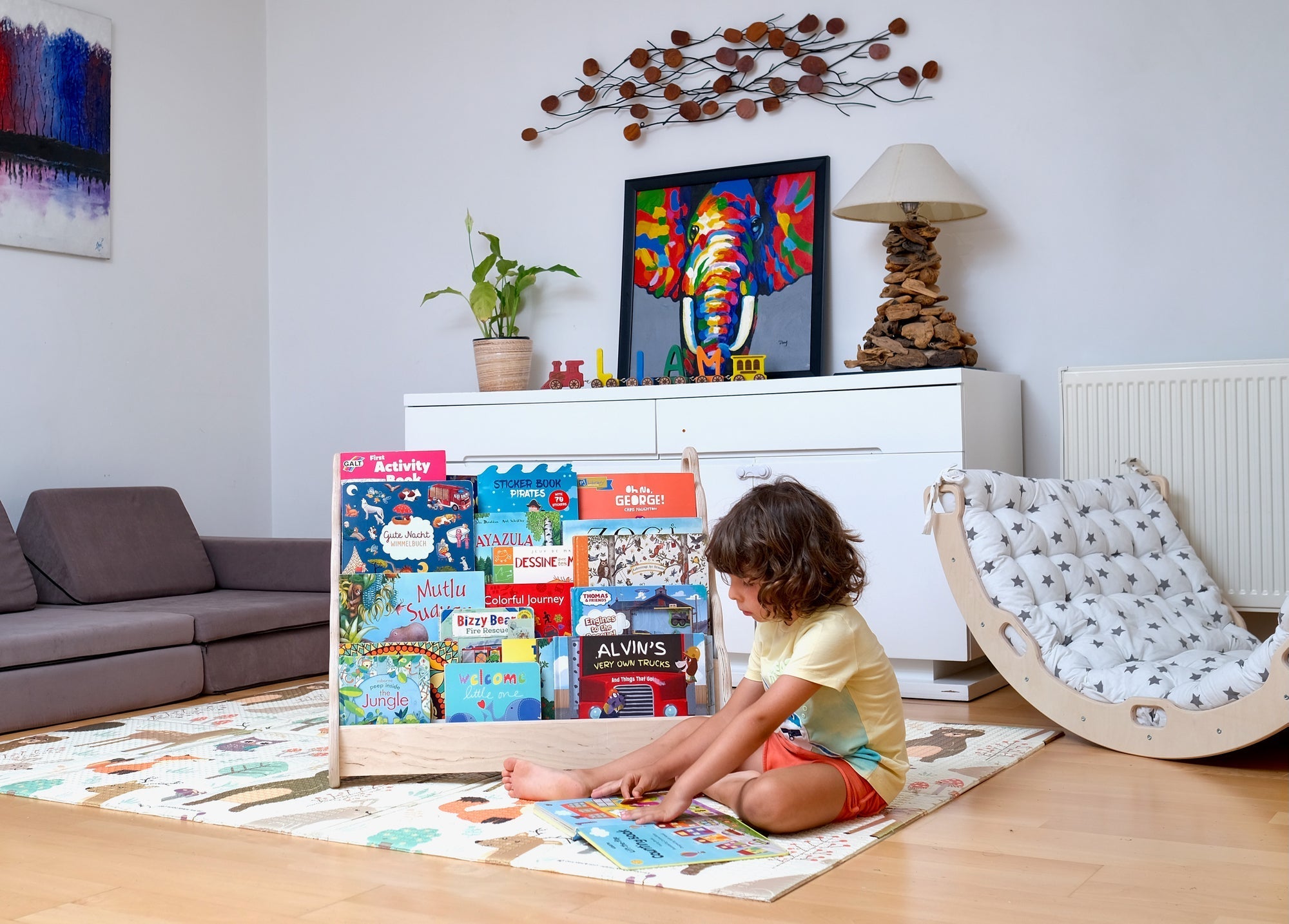 Red Oceanus wooden bookshelf in small, medium, and large sizes, showcasing a sturdy, stylish furniture piece with multiple shelves.