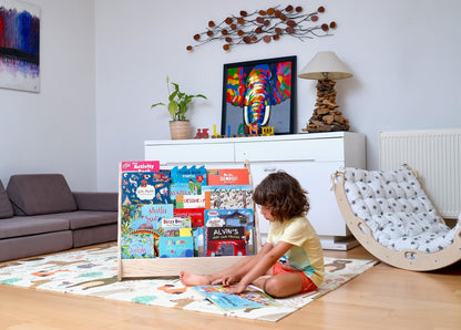 Red Oceanus wooden bookshelf in small, medium, and large sizes, showcasing a sturdy, stylish furniture piece with multiple shelves.