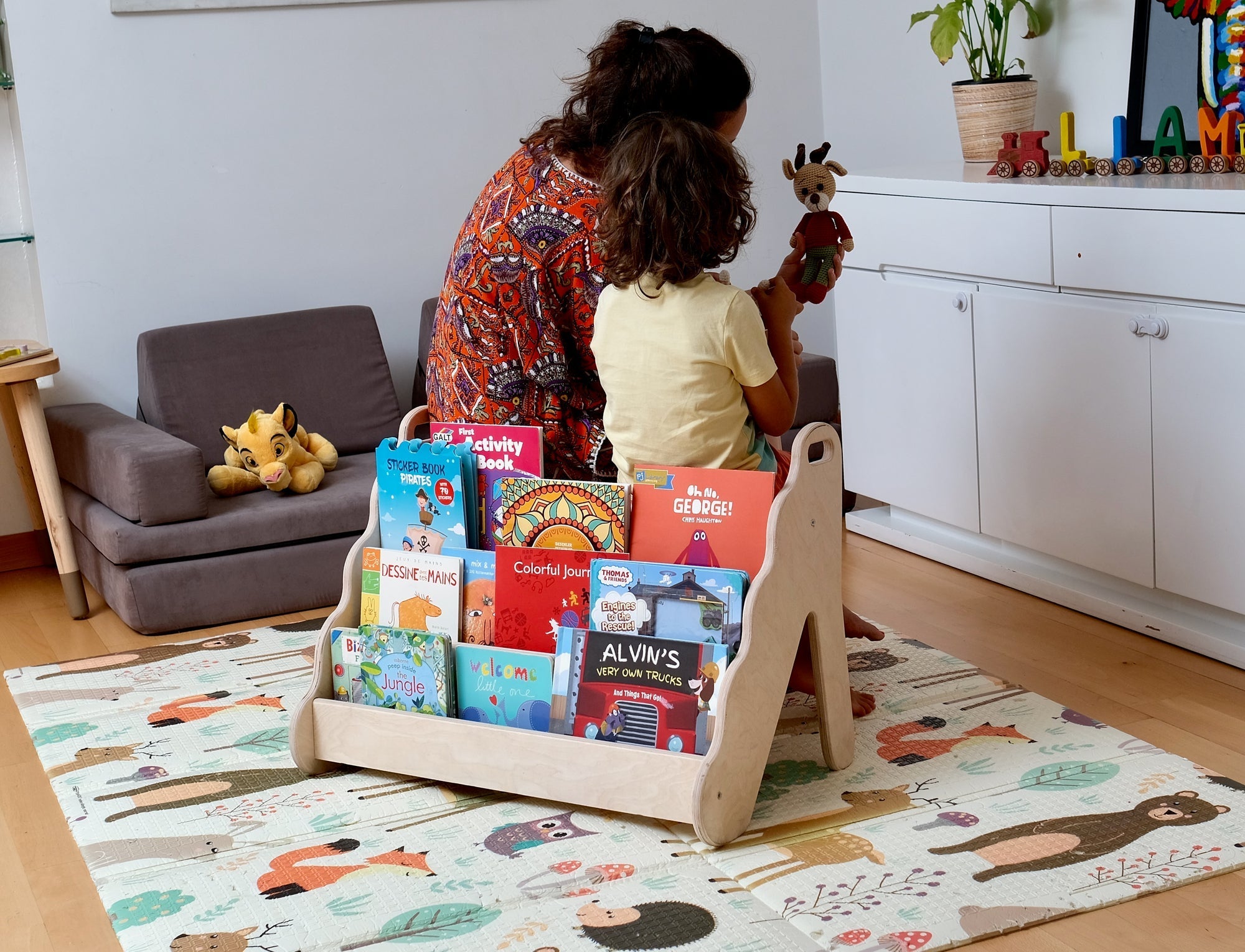 Red Oceanus wooden bookshelf in small, medium, or large size, showcasing a sturdy furniture piece with multiple shelves.
