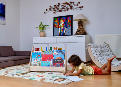 Red Oceanus wooden bookshelf in small, medium, or large size, showcasing a sturdy, stylish furniture piece with multiple shelves.