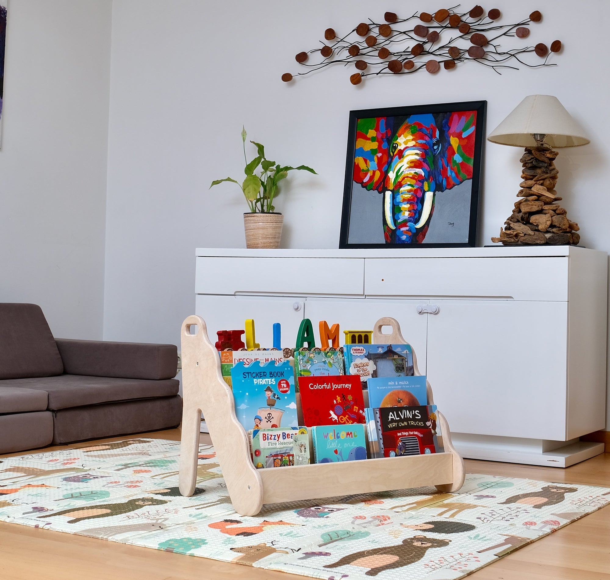 Red Oceanus wooden bookshelf in small, medium, or large size, showcasing a sturdy furniture piece with multiple shelves for storage.
