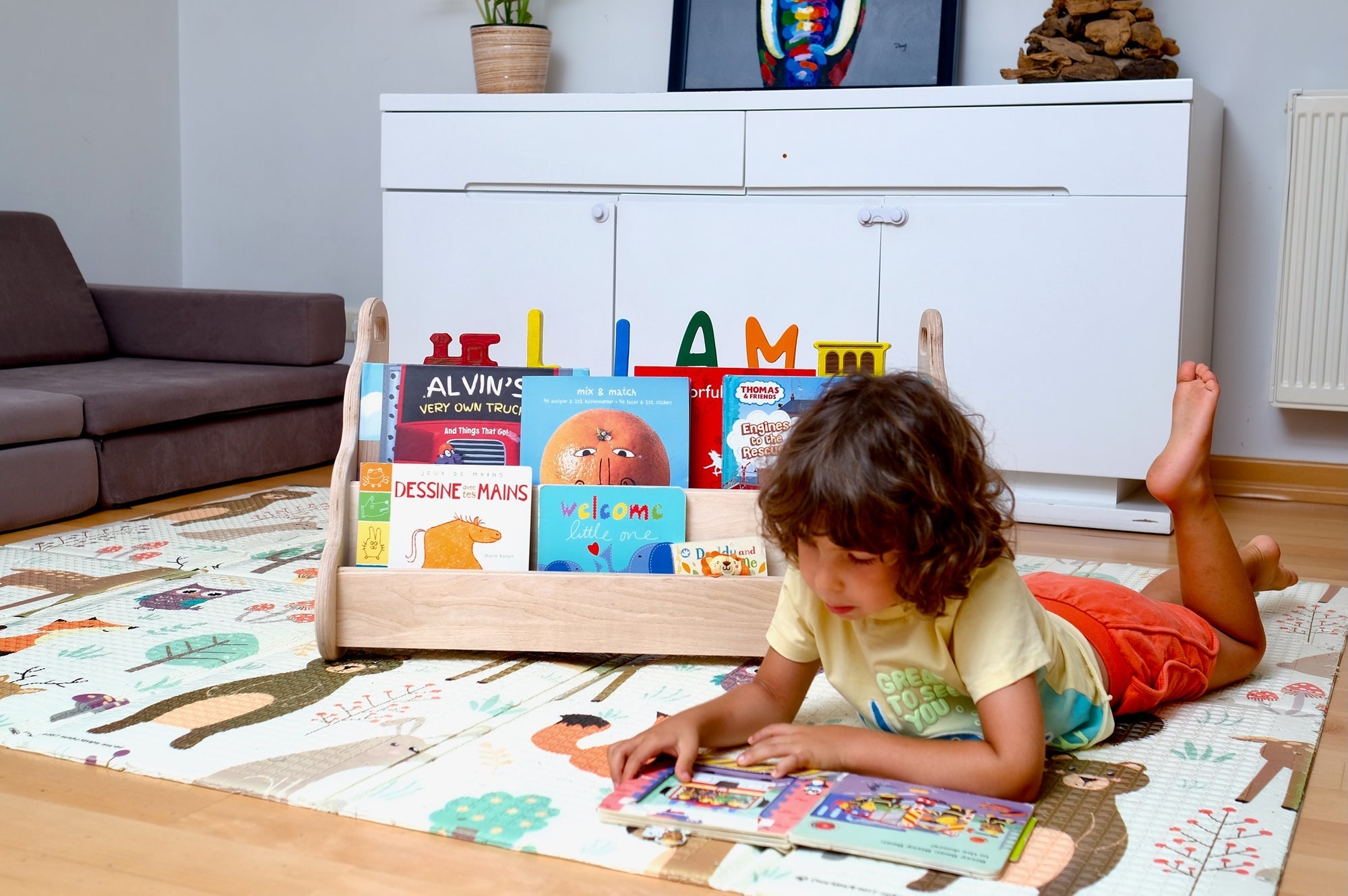 Red Oceanus wooden bookshelf in small, medium, or large size, showing a sturdy furniture piece with multiple shelves for storage.