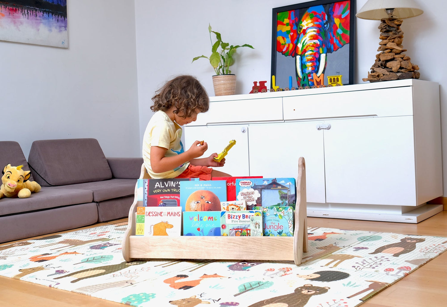 Red Oceanus Seatable wooden bookshelf in small, medium, or large size, featuring a sturdy design and natural wood finish.