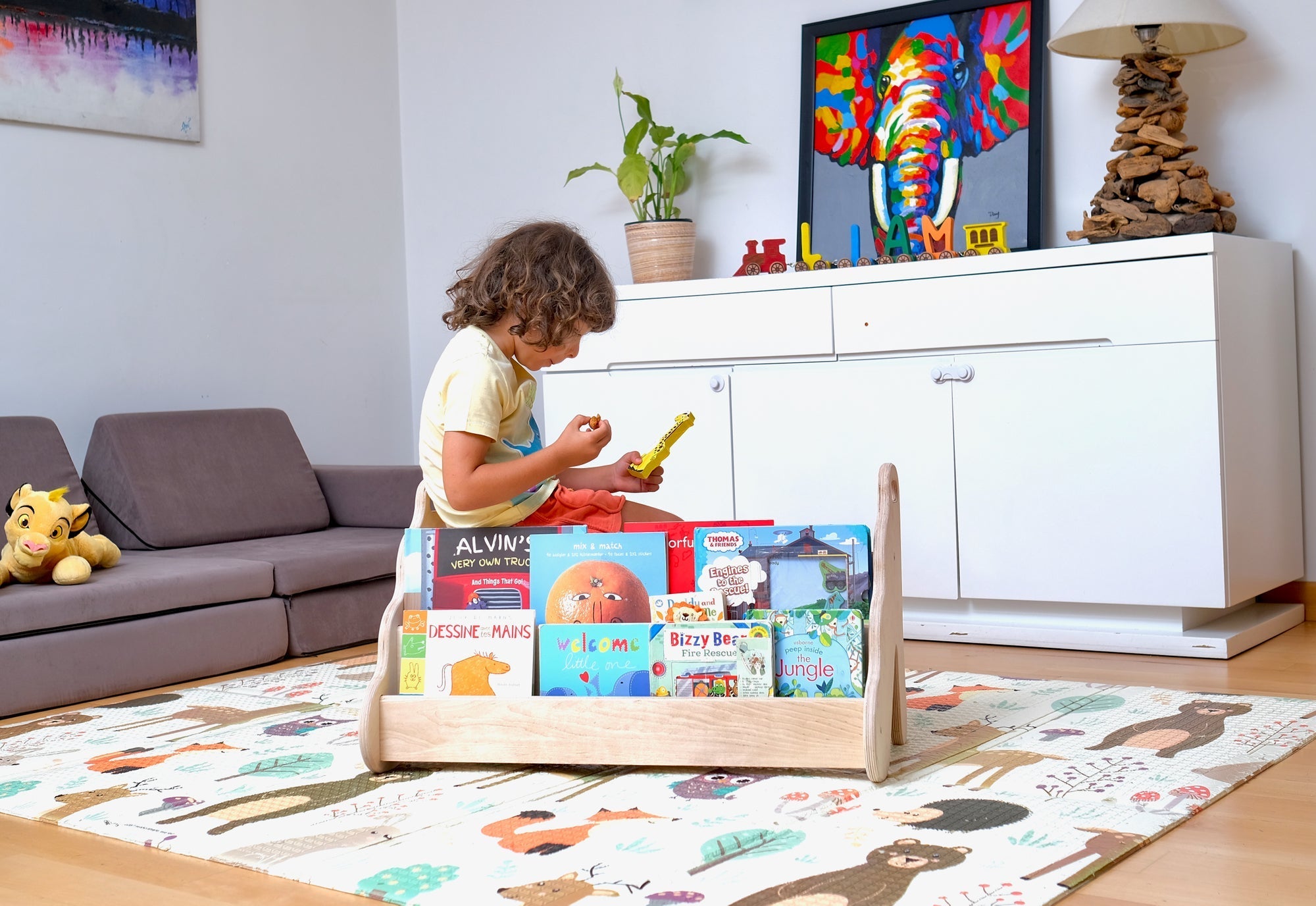 Red Oceanus Seatable wooden bookshelf in small, medium, or large size, featuring a sturdy design and natural wood finish.