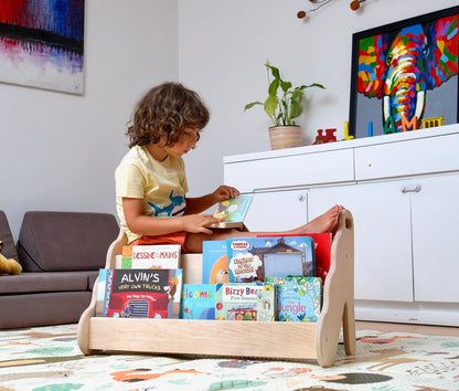Red Oceanus wooden bookshelf in small, medium, and large sizes, showcasing a stylish, sturdy furniture piece with multiple shelves.