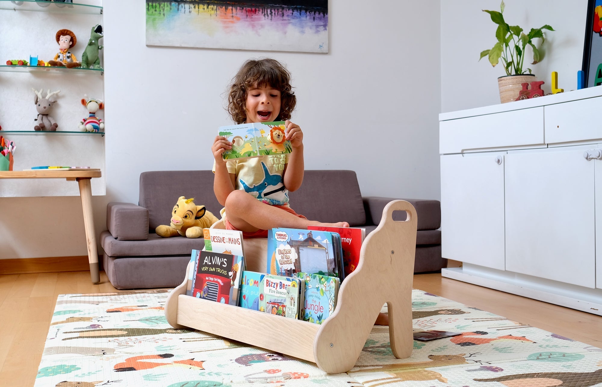 Red Oceanus wooden bookshelf in small, medium, or large size, showcasing a sturdy furniture piece with multiple shelves for storage.