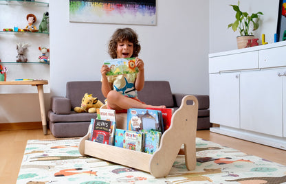 Red Oceanus wooden bookshelf in small, medium, or large size, showcasing a sturdy furniture piece with multiple shelves for storage.