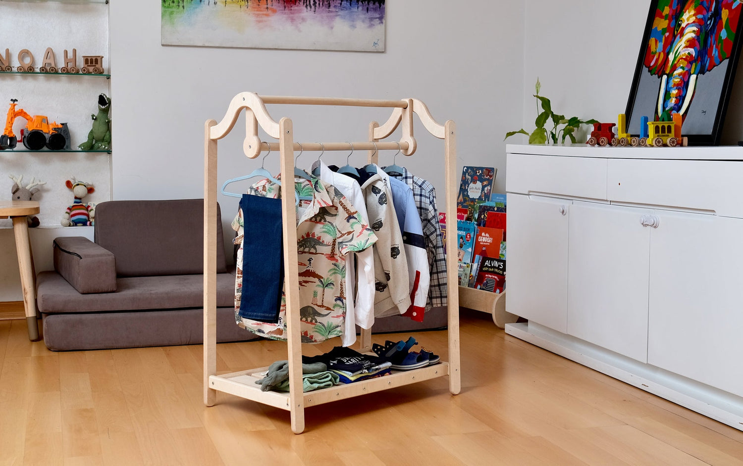 Wooden kids clothing rack by Red Oceanus, sturdy furniture piece with multiple hooks and a lower shelf for children&