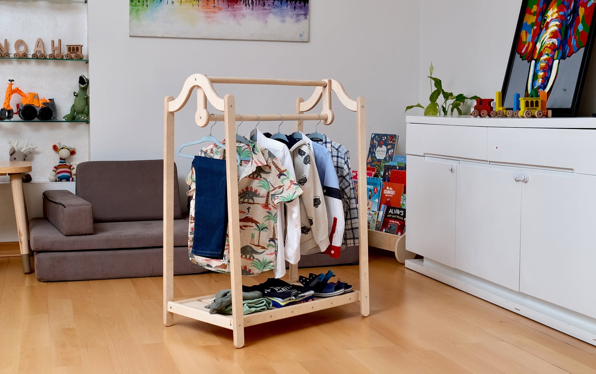 Wooden kids clothing rack by Red Oceanus, sturdy furniture piece with multiple hooks and a lower shelf for children&