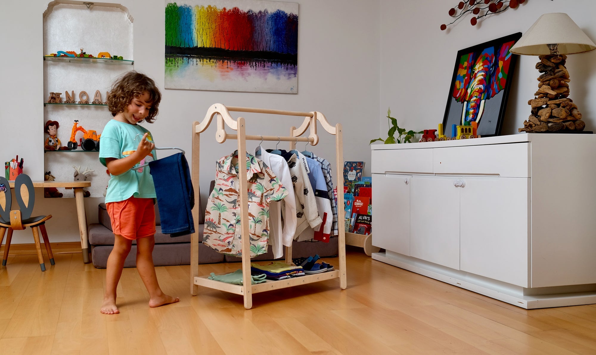 Wooden kids clothing rack from Red Oceanus, sturdy furniture with shelves and hanging space for children&