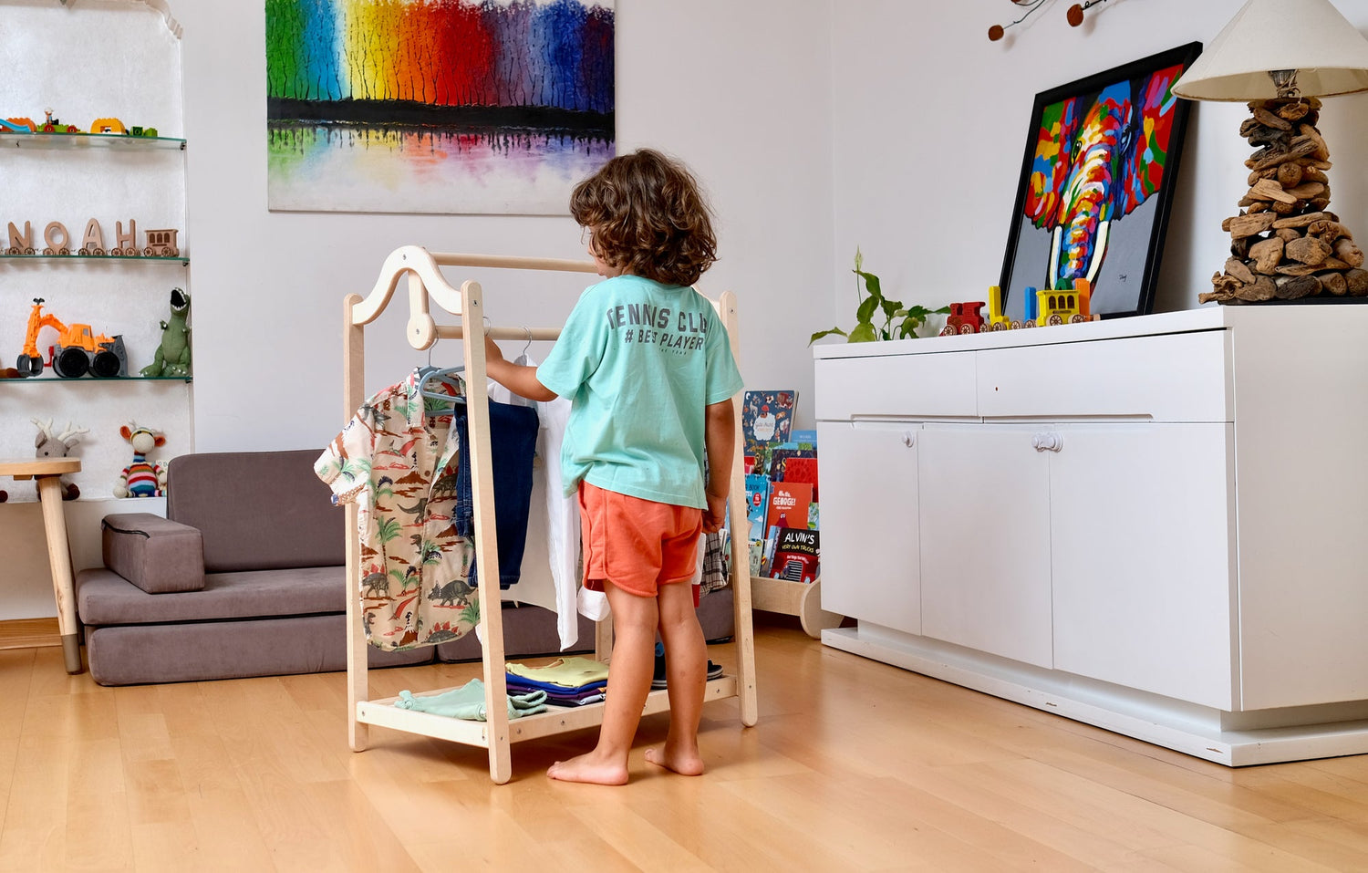 Wooden kids clothing rack from Red Oceanus, sturdy furniture with hooks and shelves for children&