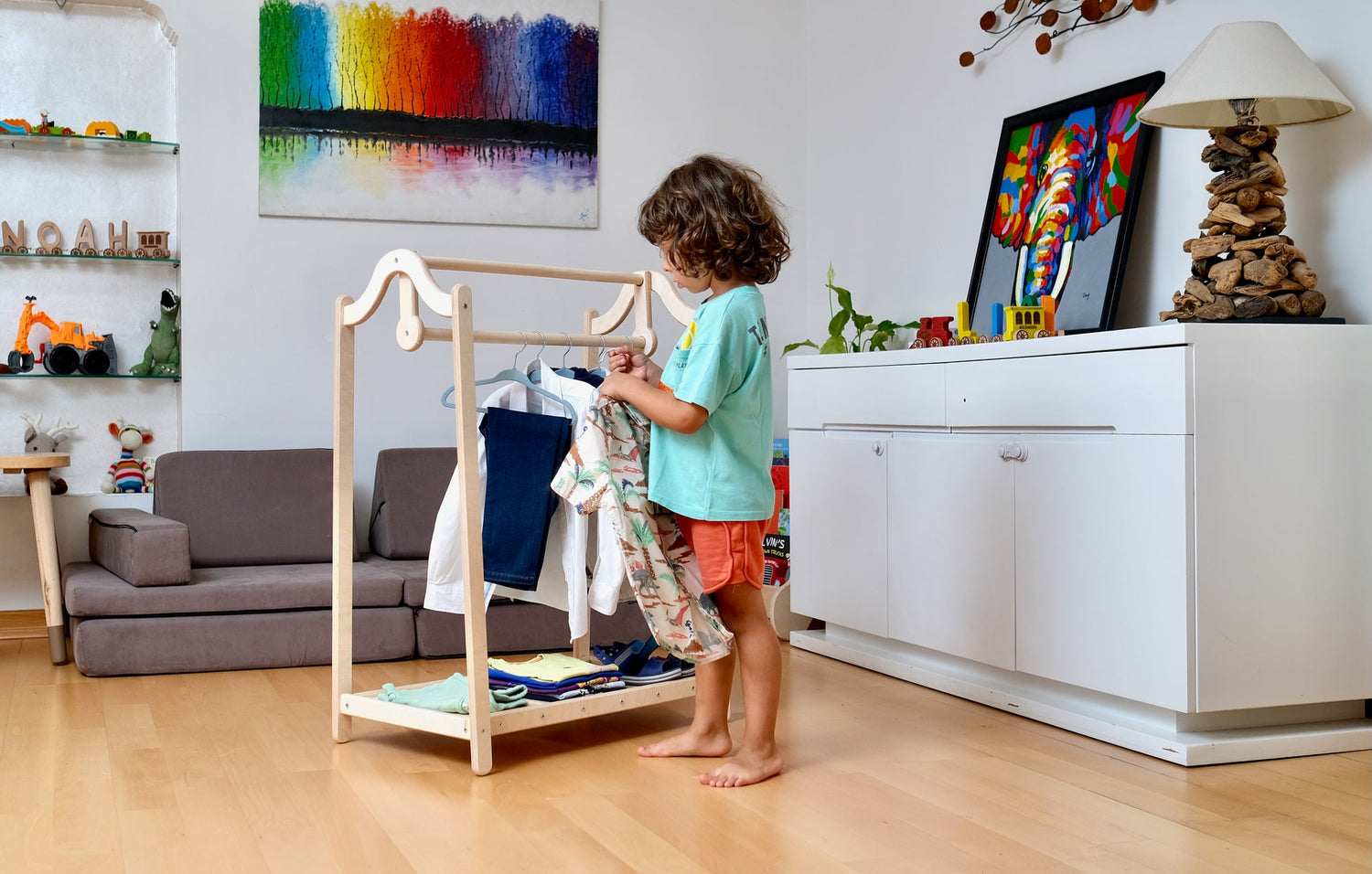 Wooden kids clothing rack from Red Oceanus, sturdy furniture with hanging space and shelves for children&